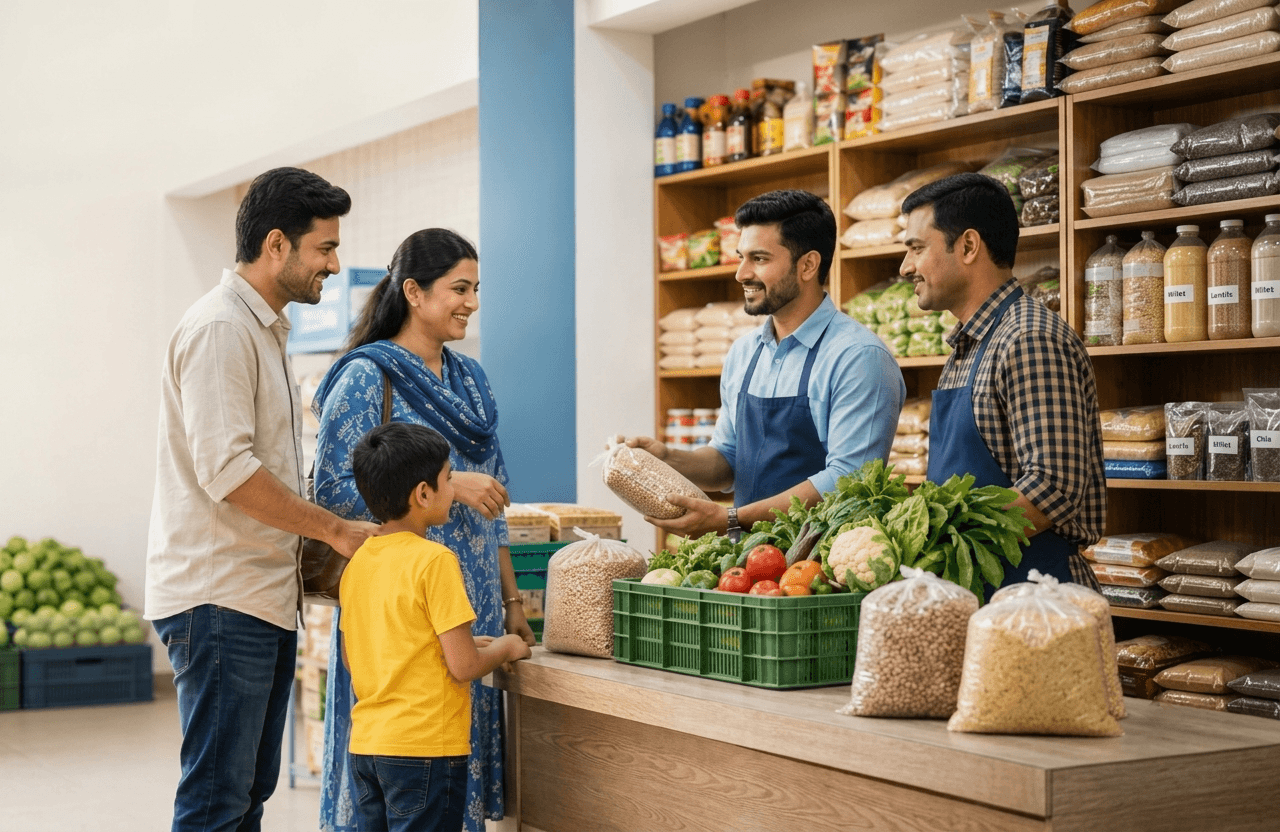 Family chatting with two friendly staff at a neighbourhood grocery store counter, with fresh vegetables and grains on display